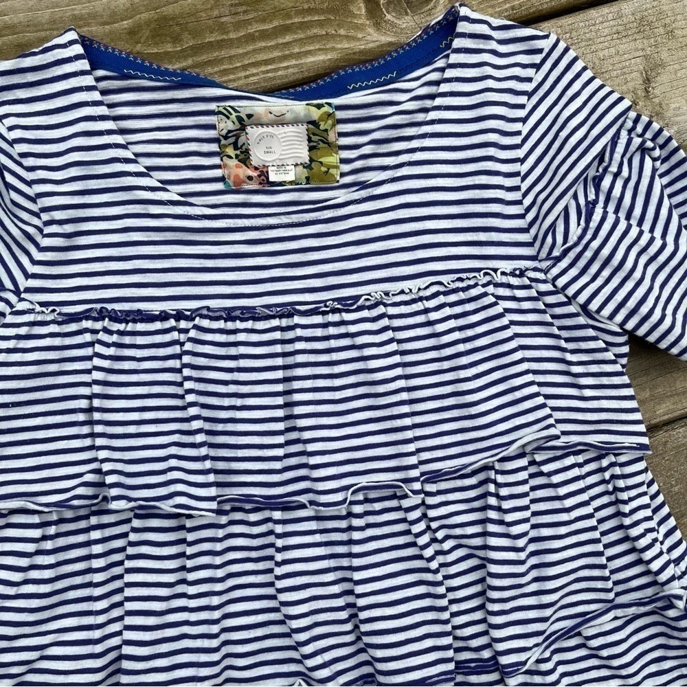 ** Anthropologie postcard blue striped ruffle tiered short sleeve top Small - Picture 6 of 8